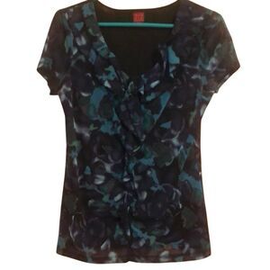 212 Collection Women’s Size M V-Neck Ruffled Neckline Short Sleeve Lined Blouse